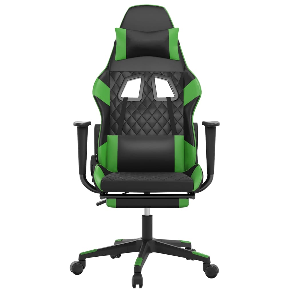 Cadeira de jogos e massagem com apoios de pés pretos e verdes
