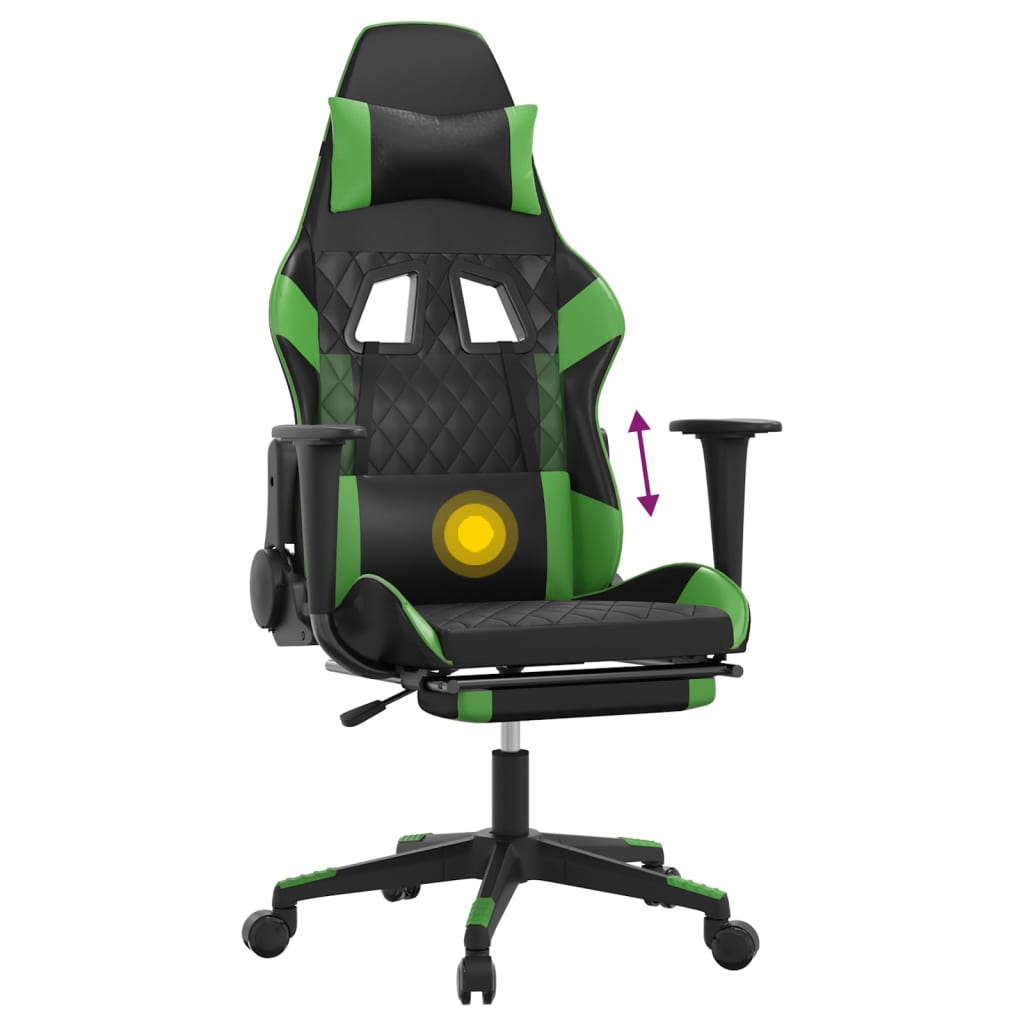 Cadeira de jogos e massagem com apoios de pés pretos e verdes