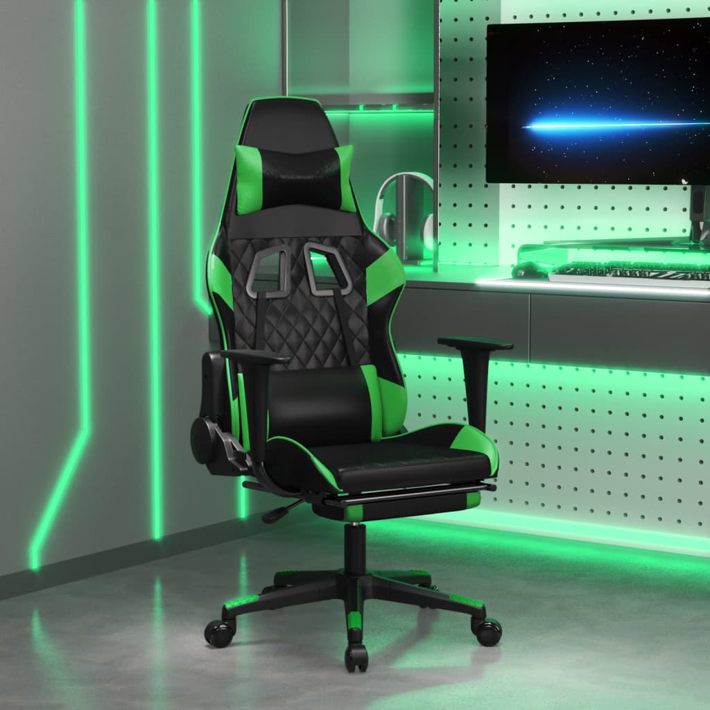Cadeira de jogos e massagem com apoios de pés pretos e verdes