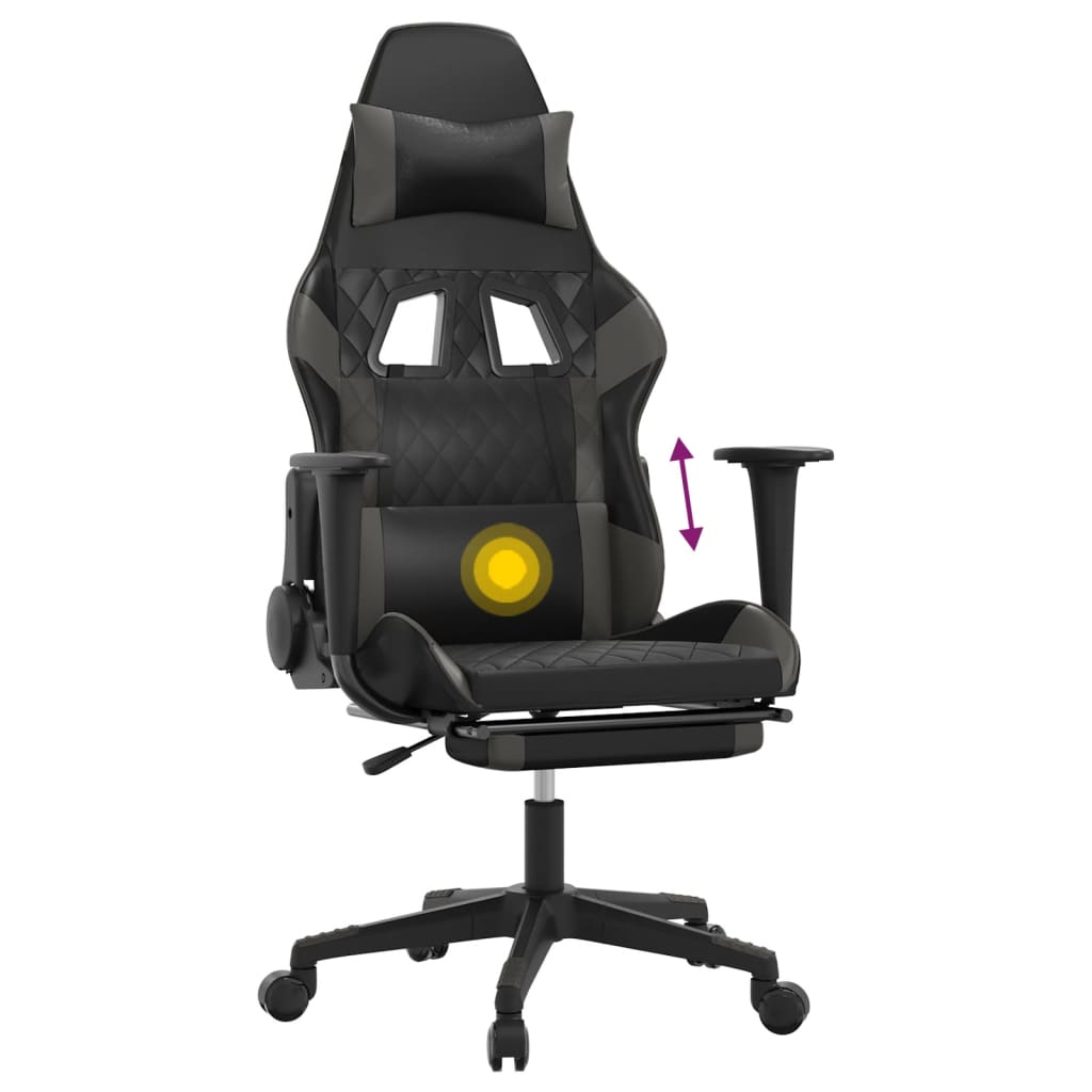 Chaise de Gaming & massage avec repose-pied Noir & Gris Similicuir