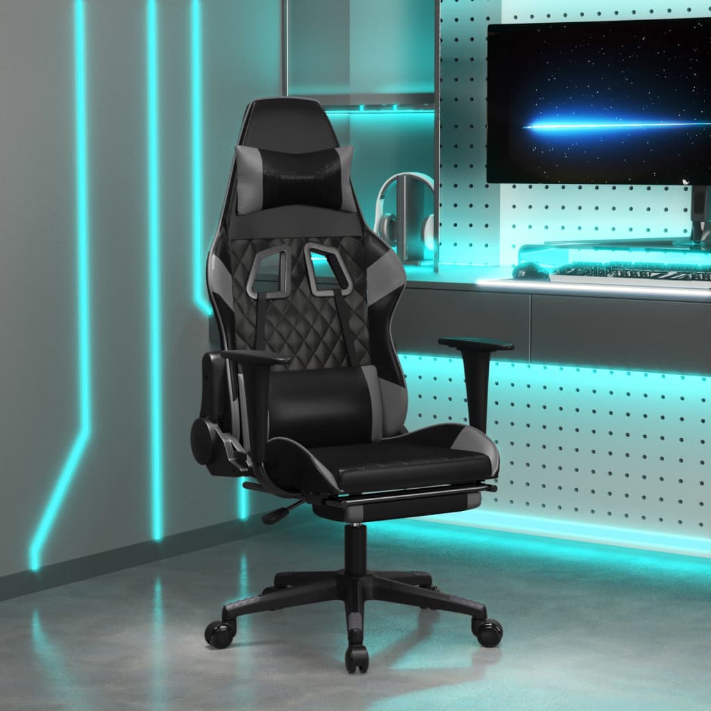 Chaise de Gaming & massage avec repose-pied Noir & Gris Similicuir