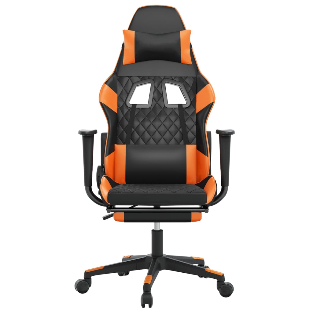 Cadeira de jogos e massagem e apoios de pés pretos e laranja