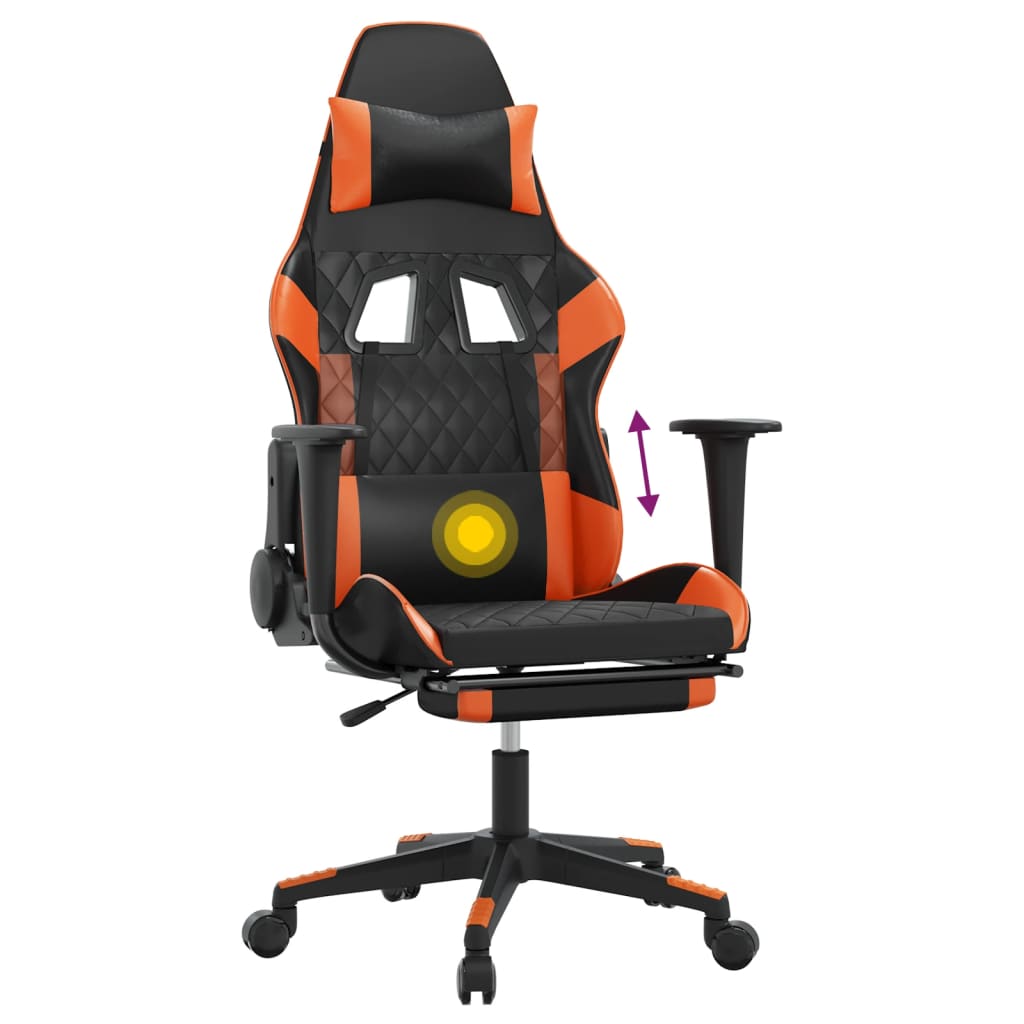 Cadeira de jogos e massagem e apoios de pés pretos e laranja