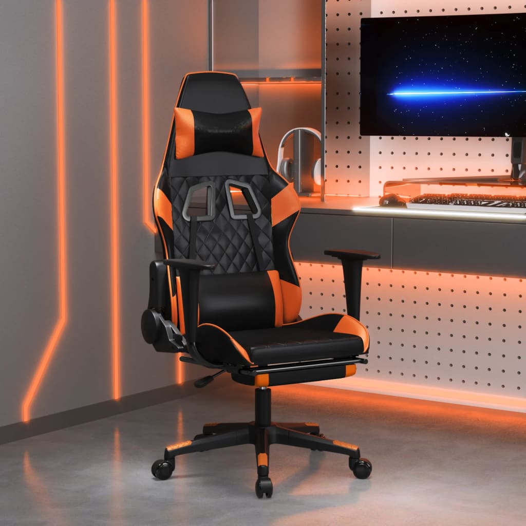 Cadeira de jogos e massagem e apoios de pés pretos e laranja