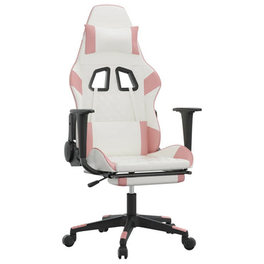 Gaming- und Massagestuhl mit weißen und rosa Fußstützen