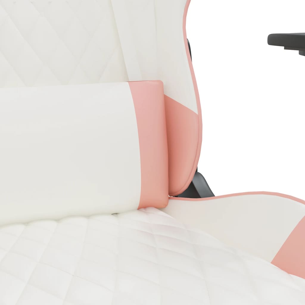 Gaming- und Massagestuhl mit weißen und rosa Fußstützen