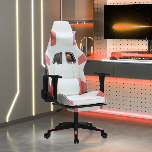 Gaming- und Massagestuhl mit weißen und rosa Fußstützen