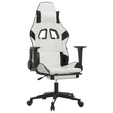 Gaming- und Massagestuhl mit weißen und schwarzen Fußstützen