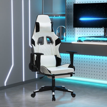 Chaise de Gaming & massage avec repose-pied Blanc & Noir Similicuir