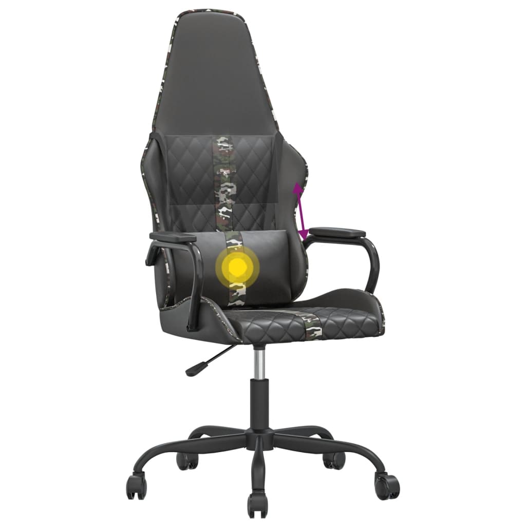 Cadeira de jogos e camuflagem de massagem e couro preto