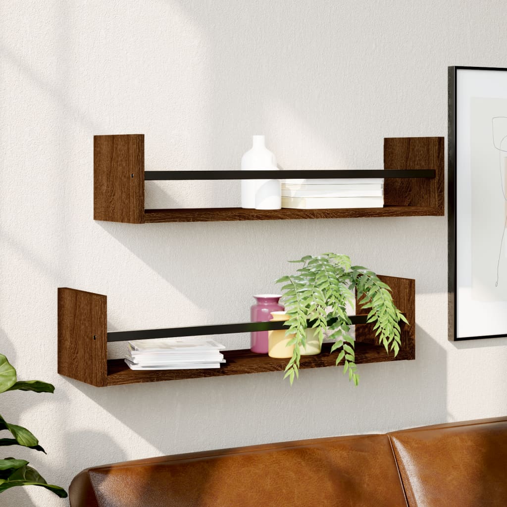 Étagères murales avec barres 2 pcs chêne marron 60x16x14 cm