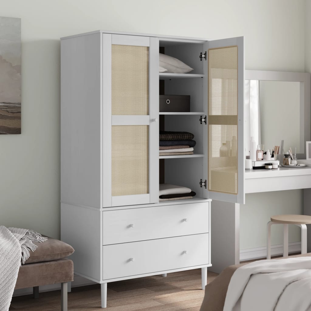 Garde-robe Armoire SENJA aspect rotin blanc 90x55x175cm bois massif pin