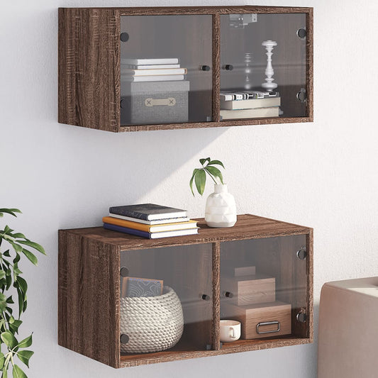 Wall cabinets glass doors 2 pcs brown oak 68.5x37x35cm