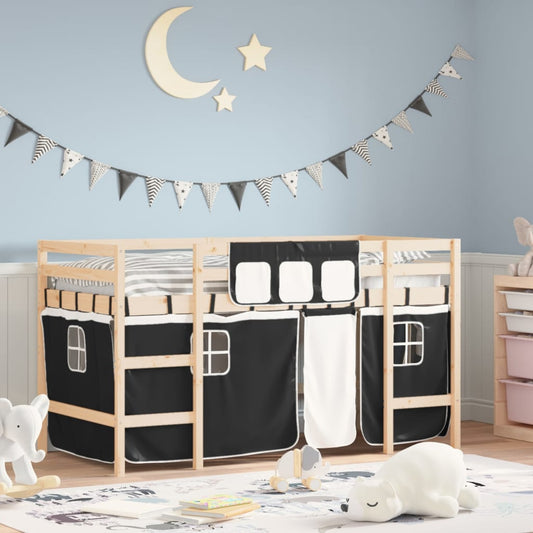 Mezzanine Bett Kinder und weiße/schwarze Vorhänge 80x200 cm Festkiefer
