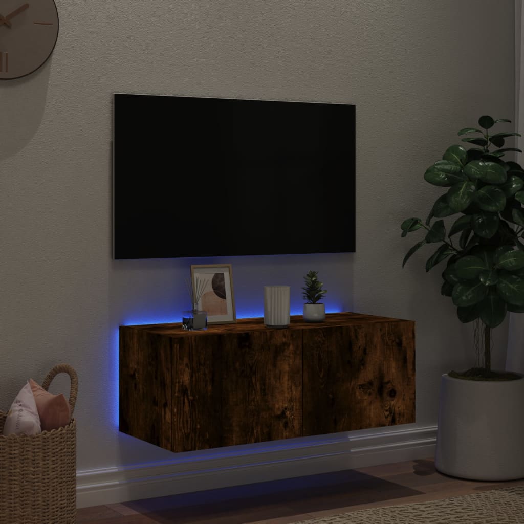 Meuble TV mural avec lumières LED chêne fumé 80x35x31 cm