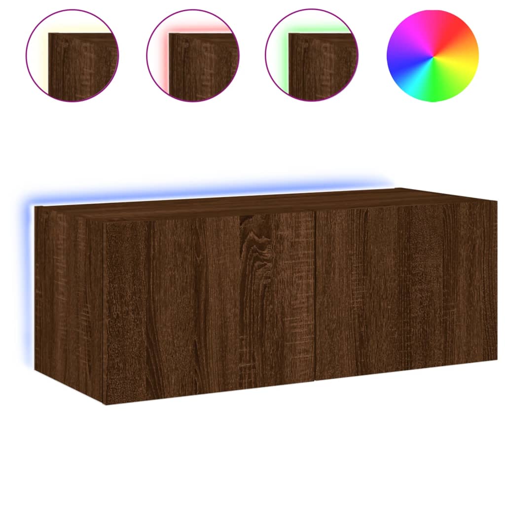 Meuble TV mural avec lumières LED chêne marron 80x35x31 cm