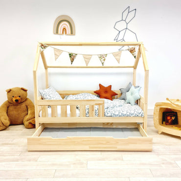 Cama de cabine infantil com barreiras com barras e gavetas